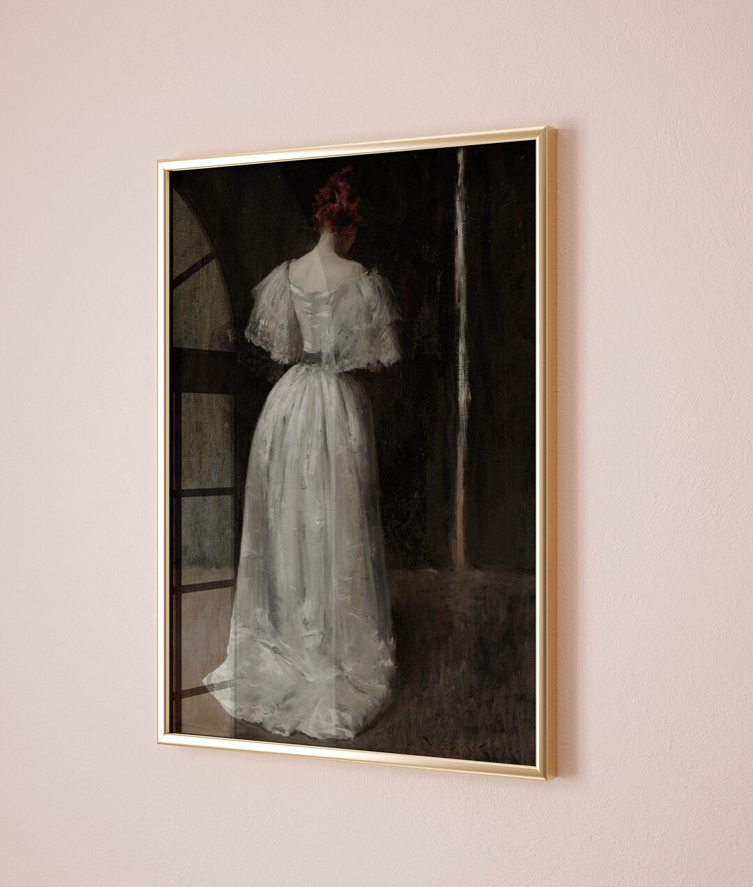 Moody Oil Painting Vintage Style Wall Art Victorian Woman White Dress ...