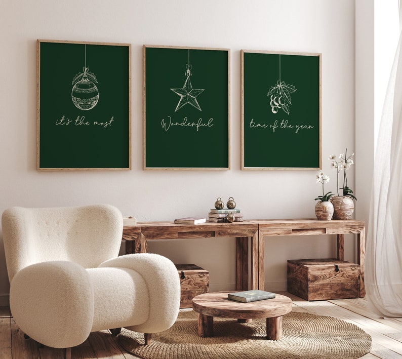 Green Christmas Wall Art, Gallery Set of 3 Merry Christmas Prints,xmas