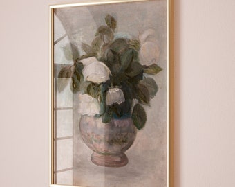 May include: A framed painting of a bouquet of white flowers in a vase. The flowers are painted in a realistic style with soft, muted colors. The vase is a pale pink with a decorative design.