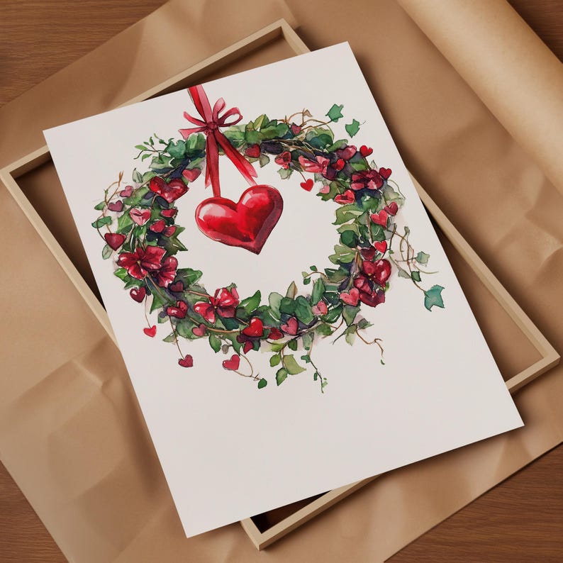 May include: A watercolor painting of a red heart hanging from a wreath of green leaves and red hearts.