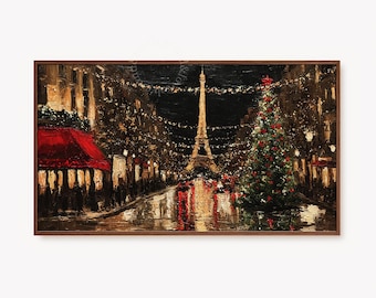 May include: Oil painting of a Parisian street scene at night, featuring the Eiffel Tower and a Christmas tree. The artwork has a dark color palette with warm highlights from streetlights and reflections on the wet street. The painting is framed in a dark brown wooden frame.