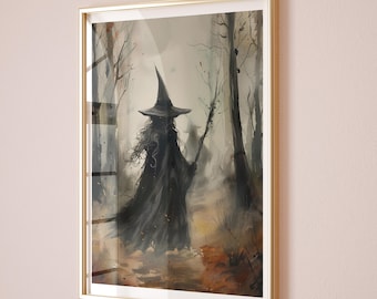 Vintage heks print heks kunst aan de muur Halloween heks hoed donkere Academia heks schilderij Spooky Witchy cadeau afdrukbare donkere heks artwork DOWNLOAD