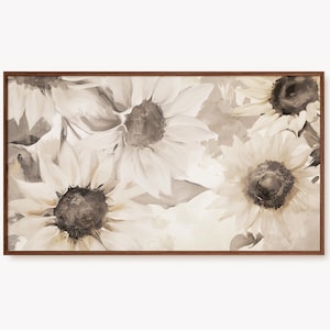 May include: A framed painting depicting a bouquet of sunflowers in shades of beige and brown. The sunflowers are painted in a loose, impressionistic style, with soft edges and subtle brushstrokes.