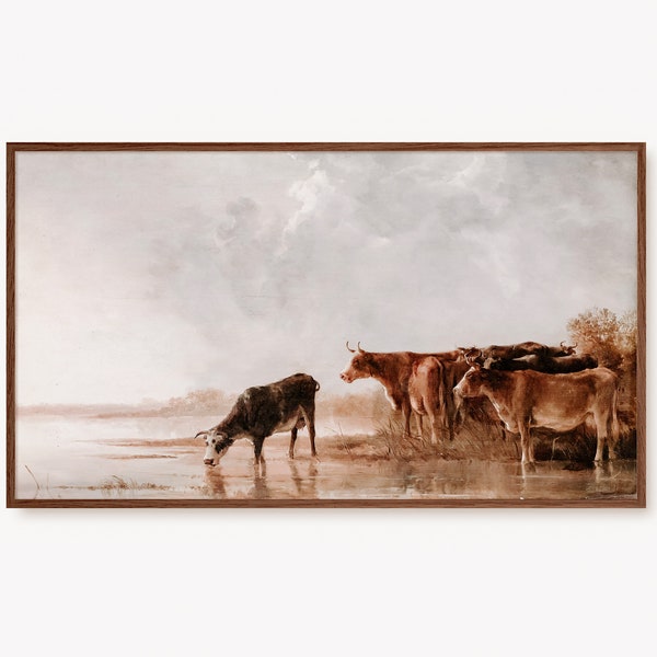 Samsung Frame TV Art Vintage Cow Oil Painting | Antique Cow Artwork, Rustic Farmhouse Decor Print, 4k TV Prints, Digital Download