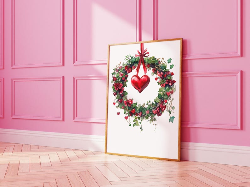 May include: A watercolor painting of a red heart wreath with green leaves hanging on a white background. The wreath is surrounded by smaller red hearts.