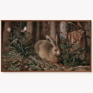 May include: A painting depicting a brown rabbit sitting in a woodland scene. The rabbit is eating green leaves. The background features trees, green foliage, and a white butterfly.