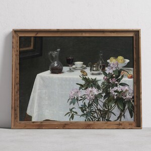 Vintage Stillleben Gemälde, Antikes Kunstwerk, Traditionelle Küche weiße Tischdecke Druck, druckbare Wandkunst | DIGITALER DOWNLOAD