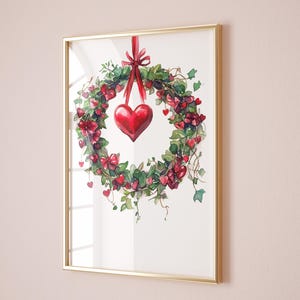 May include: A watercolor painting of a red heart hanging from a wreath of green leaves and red hearts. The wreath is framed in gold.