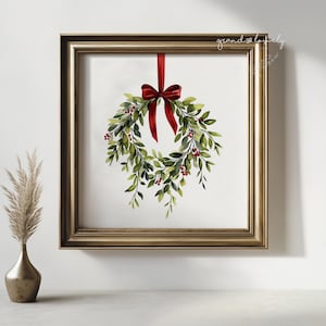 AFDRUKBARE kerstkrans print vierkante print rode kerst boog kunst aan de muur rood lint vakantie decor xmas poster digitale prints downloaden