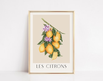Vintage print met citroenen, gele keukenmuurkunst (digitale download)