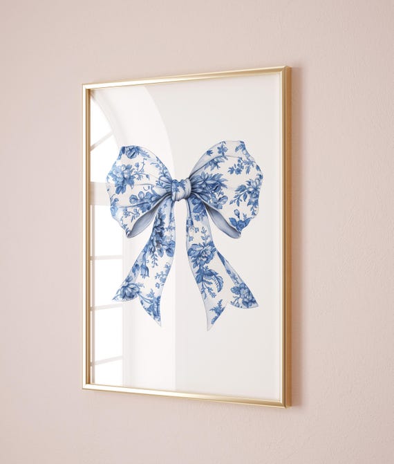 Chinoiserie Wall Art Blue Bow Wall Art Navy Nursery Print Toile De Jouy Coquette Room Decor Baby Girl Room Trendy Kitchen Ribbon Printable