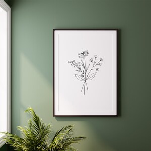 May include: A black and white line drawing of a bouquet of flowers in a simple, minimalist style. The flowers are arranged in a vase and are depicted in a delicate and elegant manner.