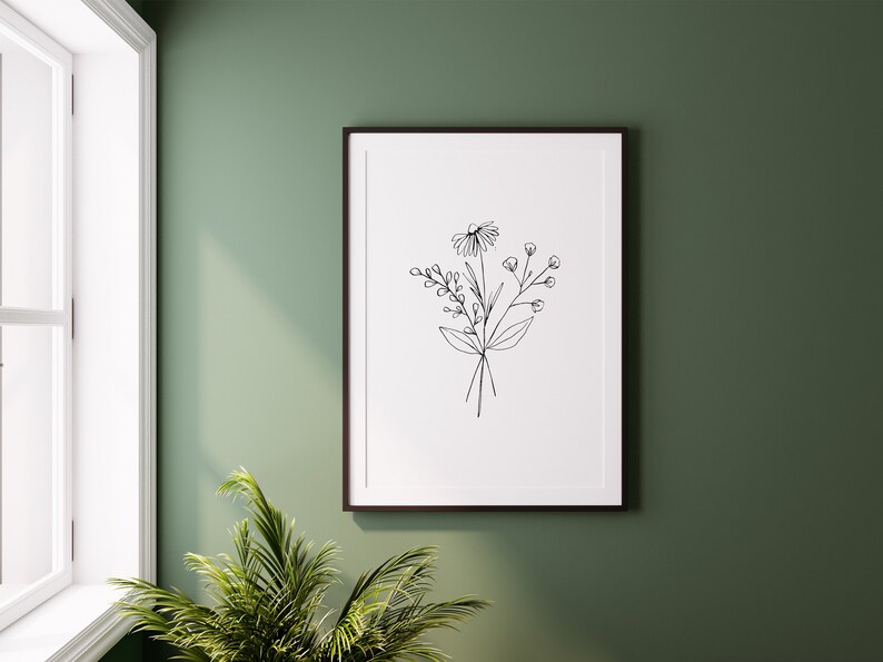 May include: A black and white line drawing of a bouquet of flowers in a simple, minimalist style. The flowers are arranged in a vase and are depicted in a delicate and elegant manner.
