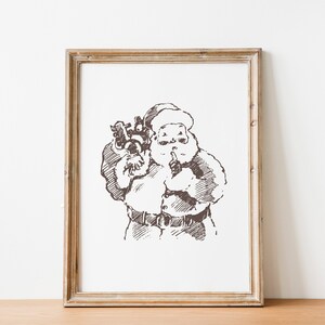 May include: A black and white line drawing of Santa Claus holding a bag of gifts. He is wearing a hat and a long coat. He is looking at the viewer and has a finger to his lips.