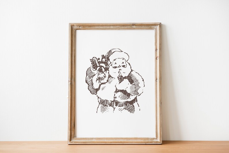 May include: A black and white line drawing of Santa Claus holding a bag of gifts. He is wearing a hat and a long coat. He is looking at the viewer and has a finger to his lips.