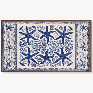 Summer Frame TV Art Seashells Wall Art for Tv Digital Marine Art Coastal TV Art Beach House Art Blue Coral Textile Ocean Pattern Screensaver