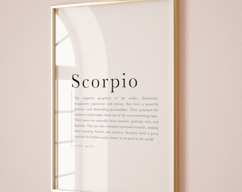 Regalos de Escorpio, Impresión de arte del zodíaco de Escorpio, Cartel de definición de Escorpio, Arte de pared imprimible del zodíaco, regalos de astrología, descarga digital