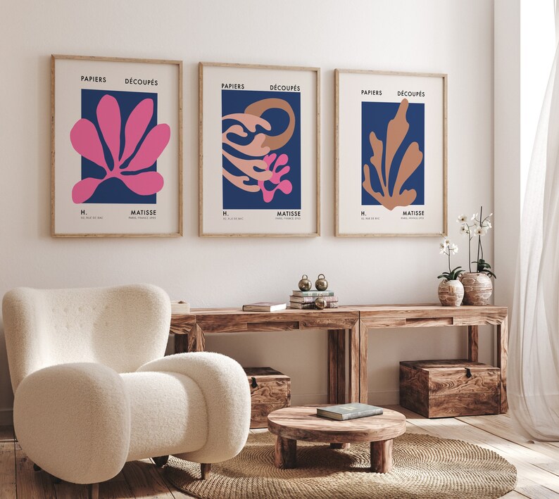 Trendy 3 Piece Wall Art, Navy Blue Pink Matisse Set of 3 Prints Mid