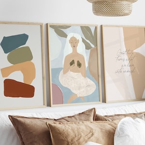 GRATITUDE Quote Boho Aesthetic Set 3 Yoga Salon Prints Pastel Beauty Salon Posters Meditation Wall Art Trendy Abstract Woman Meditating Art