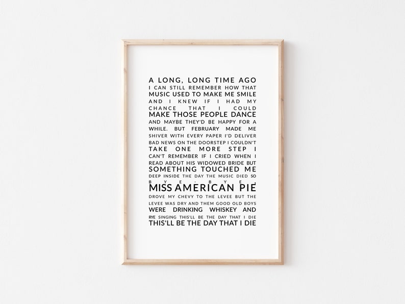 AMERICAN PIE Lyrics Don McLean Song classic song unique | Etsy