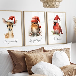 Lot de 6 impressions de Noël à imprimer, affiches de Noël pour chambre de bébé, animaux de la forêt, art mural de Noël pour chambre d'enfant, carte d'affirmation de soi, soyez gentil numérique