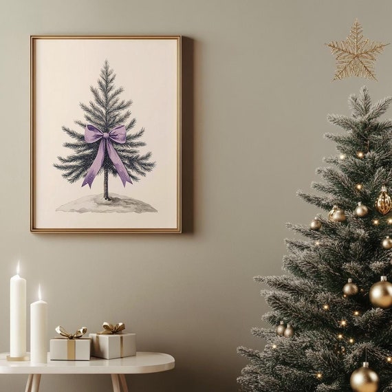 Christmas Tree Prints Vintage Christmas Tree Bow Wall Art Coquette Room Decor Xmas Printable Lilac Spruce Winter Decor Pine Tree Digital Art