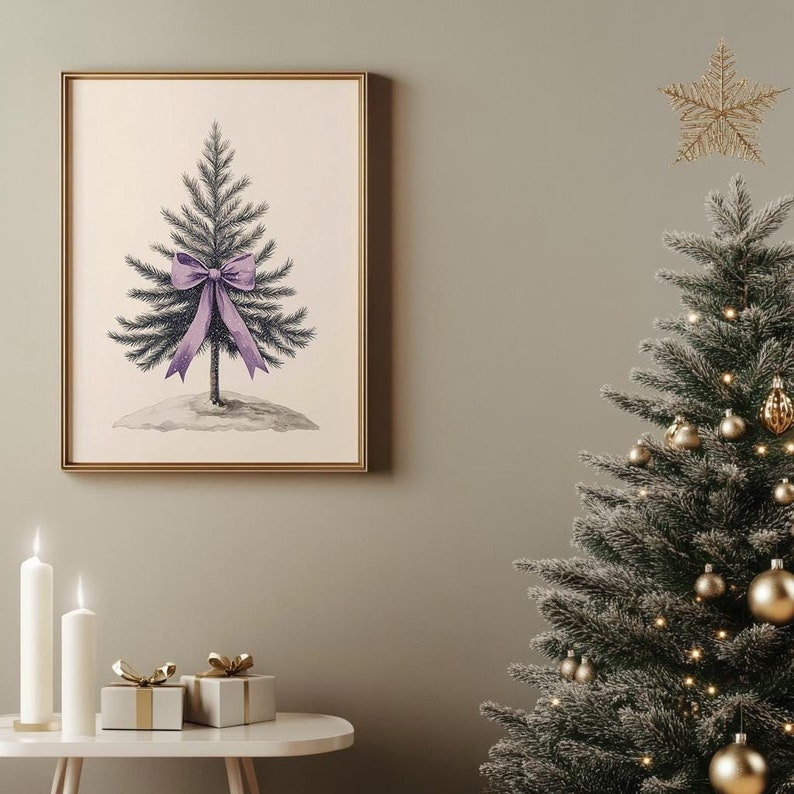 May include: A framed illustration of a stylized Christmas tree with a purple bow. The tree is on a white background with a snowy base. The frame is gold.