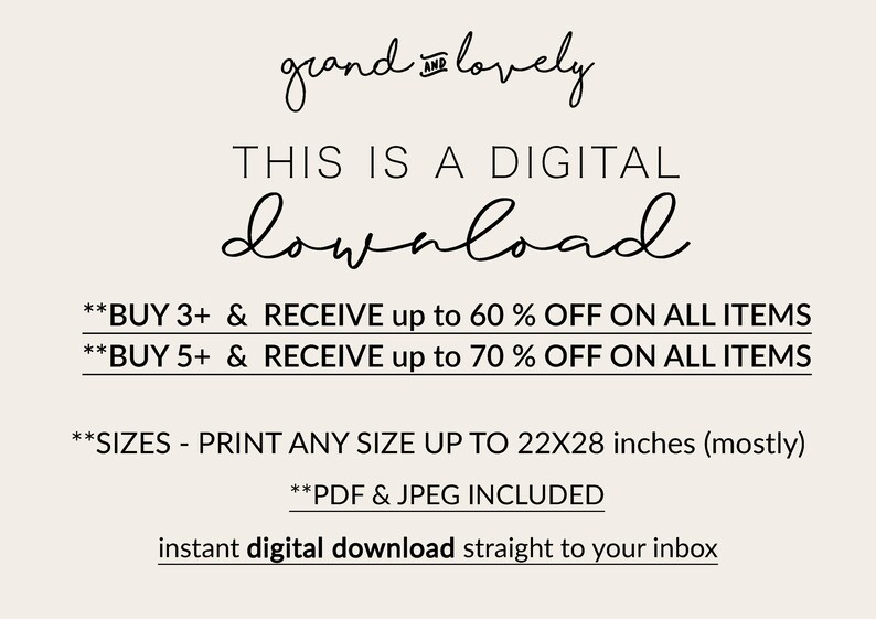 K&ouml;nnte beinhalten: Eine Grafik f&uuml;r einen digitalen Download mit schwarzem Text auf hellem Hintergrund. Es steht dort: grand and lovely, THIS IS A DIGITAL download, BUY 3+ & RECEIVE up to 60% OFF ON ALL ITEMS, BUY 5+ & RECEIVE up to 70% OFF ON ALL ITEMS, SIZES - PRINT ANY SIZE UP TO 56x71 cm (mostly), PDF & JPEG INCLUDED, instant digital download straight to your inbox.