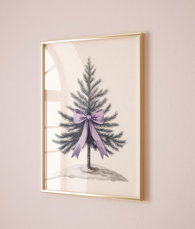 May include: A framed watercolor painting of a Christmas tree with a purple bow. The tree is green and the background is white.
