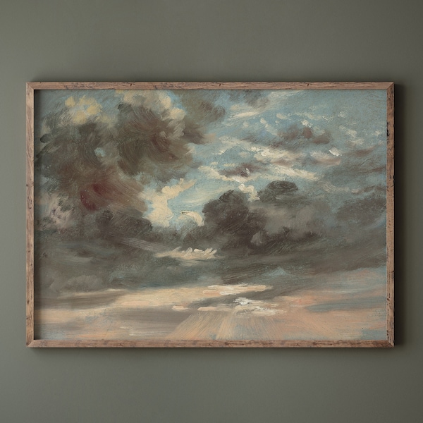 Vintage Clouds painting, Original Antique Oil Paintings, Dark Cloud Print Nursery Decor, sky painting printable, digital download