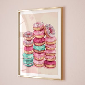 Impresión de donas, impresiones de acuarela de moda para cocina, lindo póster de fiesta, arte de pared para chicas adolescentes, arte de dormitorio preppy, arte de comida rosa, arte de verano DIGITAL