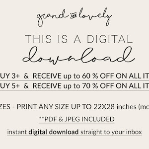 May include: Cream-colored digital download advertisement with the text "grand and lovely" in cursive. The text "THIS IS A DIGITAL DOWNLOAD" is in a bold font. Additional text includes discount offers and print size up to 22x28 inches.