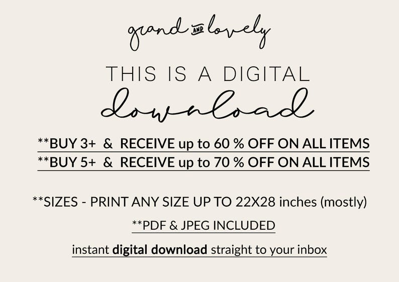 May include: Cream-colored digital download advertisement with the text "grand and lovely" in cursive. The text "THIS IS A DIGITAL DOWNLOAD" is in a bold font. Additional text includes discount offers and print size up to 22x28 inches.