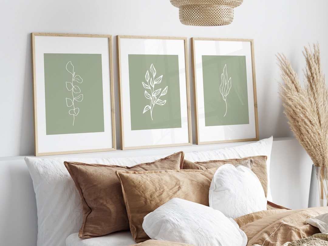 Sage Green Gallery Wall Set of 3 Prints, Minimalist Flower Line Art ...