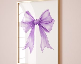 Purple Bow Teenage Girl Prints, Lilac Coquette Room Decor Aesthetic Poster Trendy Apartment, Nursery Wall Art Preppy Girly Ribbon Printable