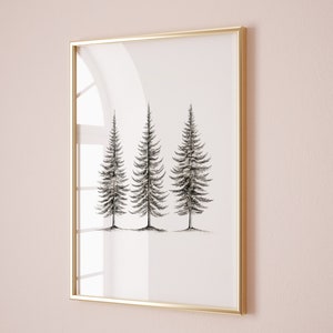 Christmas Prints, Vintage Christmas Trees Print Minimalist Fir Tree Sketch Drawing, Spruce Xmas Decor, Pine Tree Printable Wall Art Download