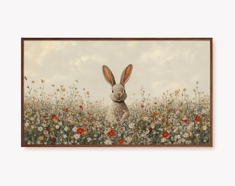 Cornice di Pasqua TV Arte Coniglietto di Pasqua Dipinto Arte TV Primavera Arte per la cameretta dei conigli Decorazione di Pasqua per Smart TV Carino salvaschermo Cottagecore con fiori di campo
