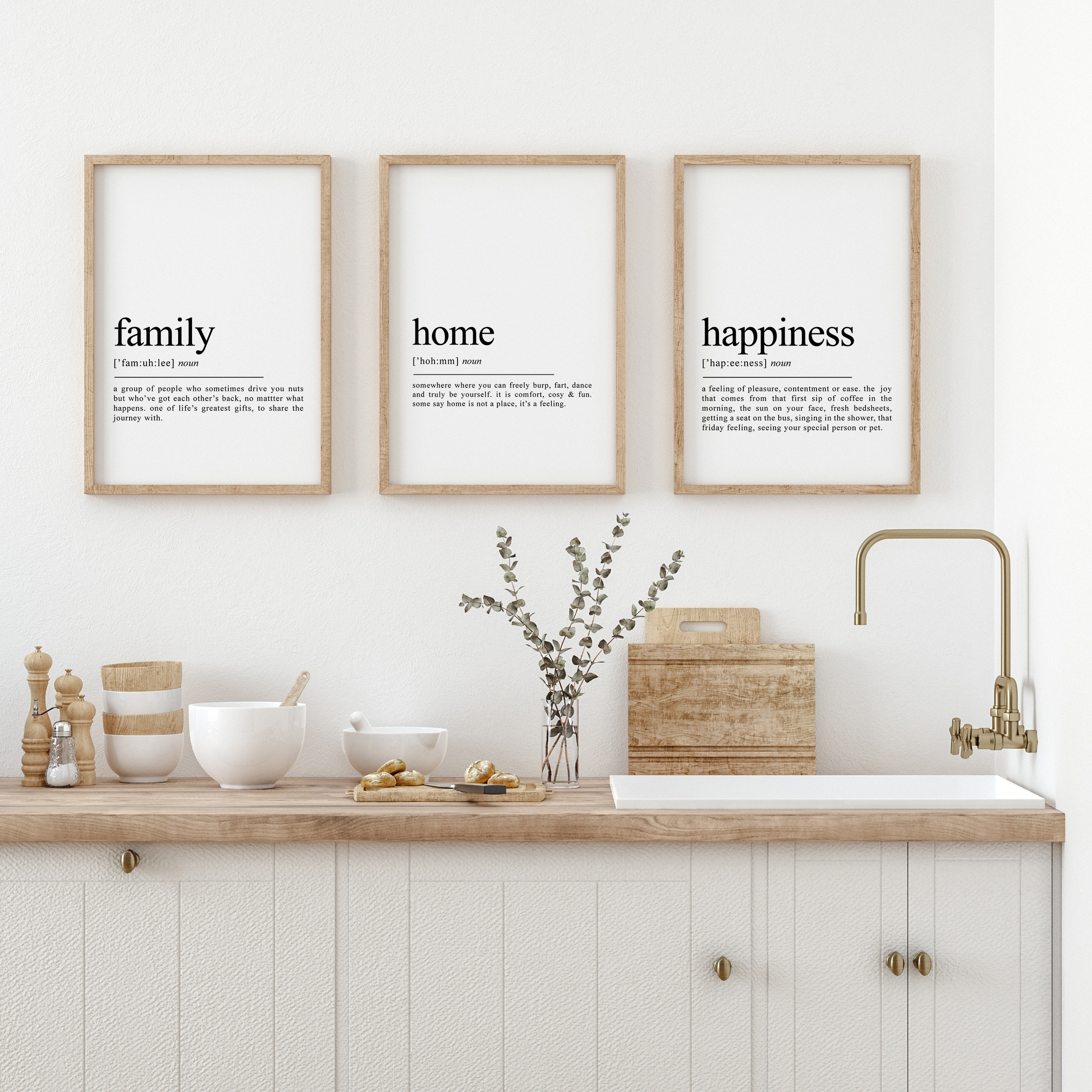 Set of 3 Prints, Living Room Wall Art, Home Family Happiness Definition ...