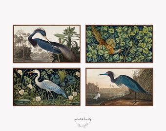 Samsung Frame TV Art Set of 4 Vintage Bird Paintings, Blue Heron Artwork, Navy William Morris Wildlife Art Prints for 4k Smart TV | DIGITAL