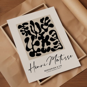 K&ouml;nnte beinhalten: Ein abstrakter Kunstdruck in Schwarzwei&szlig; mit einem geometrischen Design und dem Text "Henri Matisse" und "Berggruen & Cie 70, Rue de l'Universite, Paris-VII."