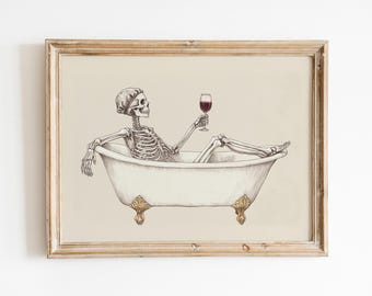 Funny Skeleton Halloween Wall Art Skeleton drinking wine in Bathtub Sketch Print Halloween Printable Bathroom Decor Minimalist Digital Art