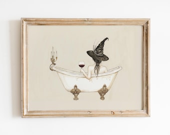 Funny Witch Halloween Wall Art Witch drinking wine in Bath tub Print Trendy Halloween Restroom Sign Halloween Bathroom Decor, Printable art