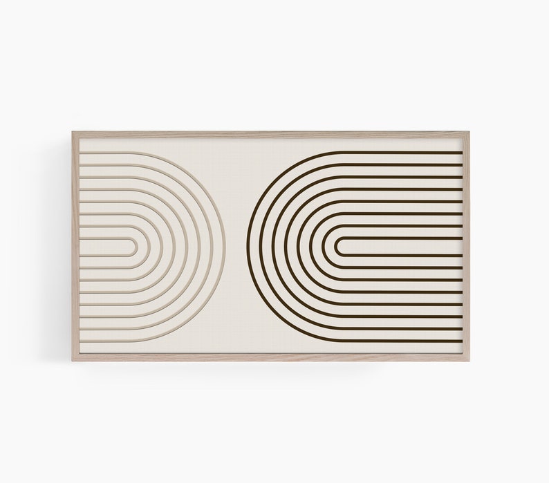 K&ouml;nnte beinhalten: Ein gerahmter abstrakter Kunstdruck mit zwei halbkreisf&ouml;rmigen Designs. Eine Seite hat ein beiges, geschichtetes Bogenmuster, die andere ein dunkelbraunes, durchgehendes Bogenmuster. Der Rahmen ist hellbraun.