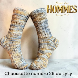 May include: A pair of mid-calf socks featuring a ribbed knit texture with a variegated color pattern of mustard yellow, grey, and white. The text "Pour les HOMMES" appears at the top right, and "Chaussette numéro 26 de LyLy" is at the bottom.