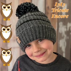 Könnte beinhalten: Eine graue Strickmütze mit einem dunkelgrauen Bommel und einem kleinen Lederetikett. Die Mütze wird von einem Kind getragen. Der Text "LyLy Tricote Encore" befindet sich oben rechts. Drei Cartoon-Eulen sind links.