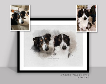 Pet Merged Photo Into One| Pet Portrait Collage| Two pet| Pet Print| Memorial| Collage| Merged Photos| Pet Gift| Personalised Christmas Gift
