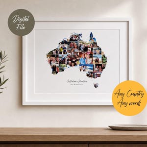 Könnte beinhalten: Ein gerahmter Kunstdruck mit einer Collage aus verschiedenen Fotos, die in Form des australischen Kontinents angeordnet sind. Der Druck enthält den Text "Australian Adventures" und "The Womersleys" unterhalb der Kartenform.