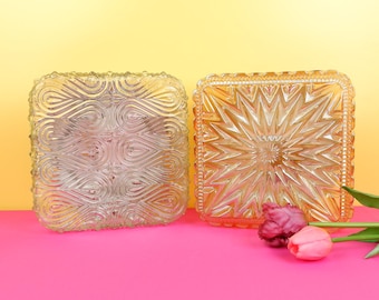 Vintage Amber Glass Ceiling Flush Wall Lamp, Square Cubic Mid Century Retro Starburst Design