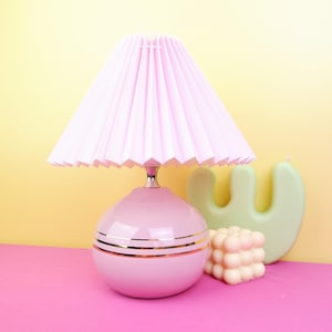 Small contemporary pink gold Chintz ceramic bedside lamp, monochrome art deco style round table lamp, vintage  1980s 1990s postmodernist