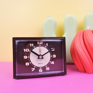Vintage brown little mantle clock, tabletop German make, mid century retro 1970s 1960s design